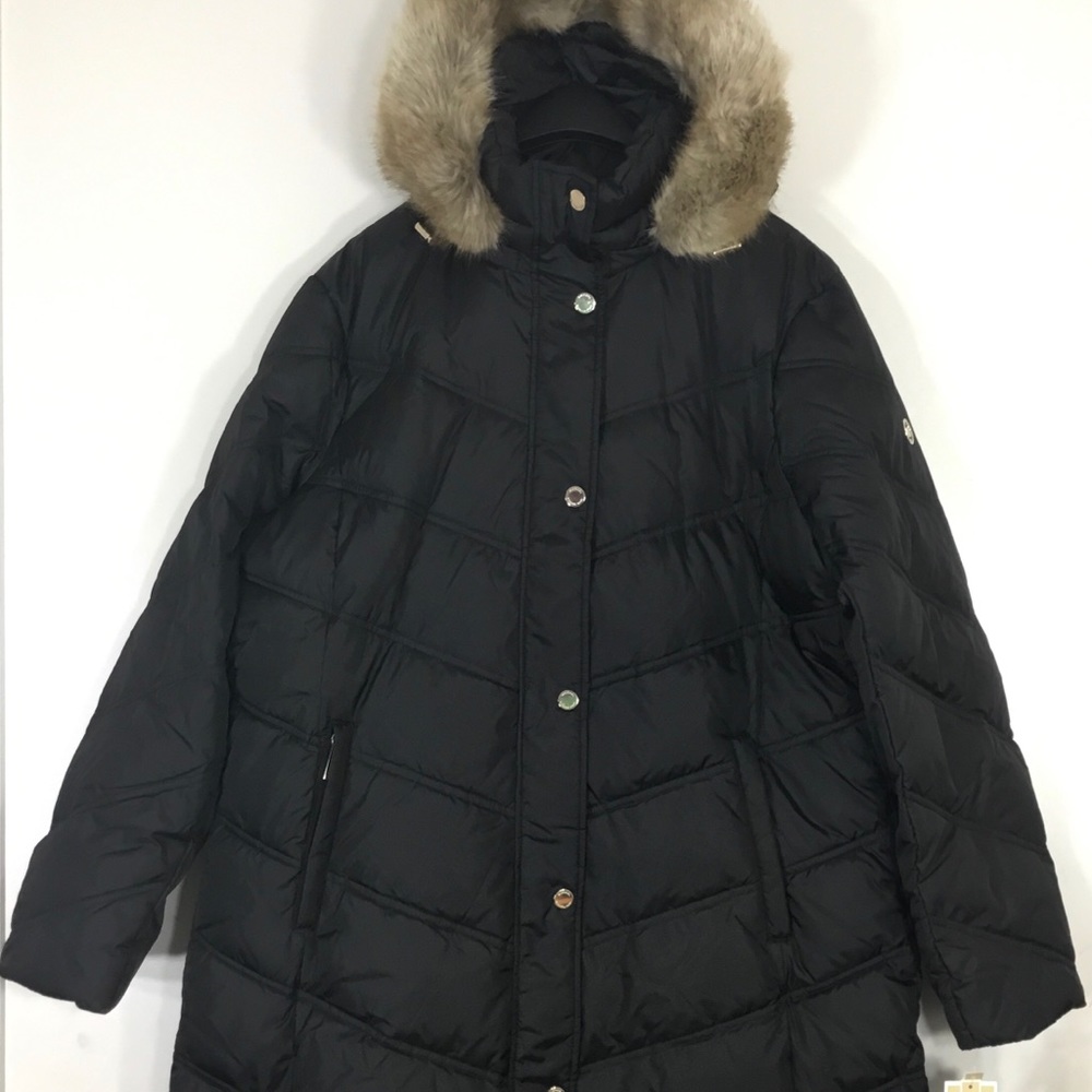 Michael Kors Women's Puffer Down Faux Fur Trim Hoodie Jacket Black Size XL